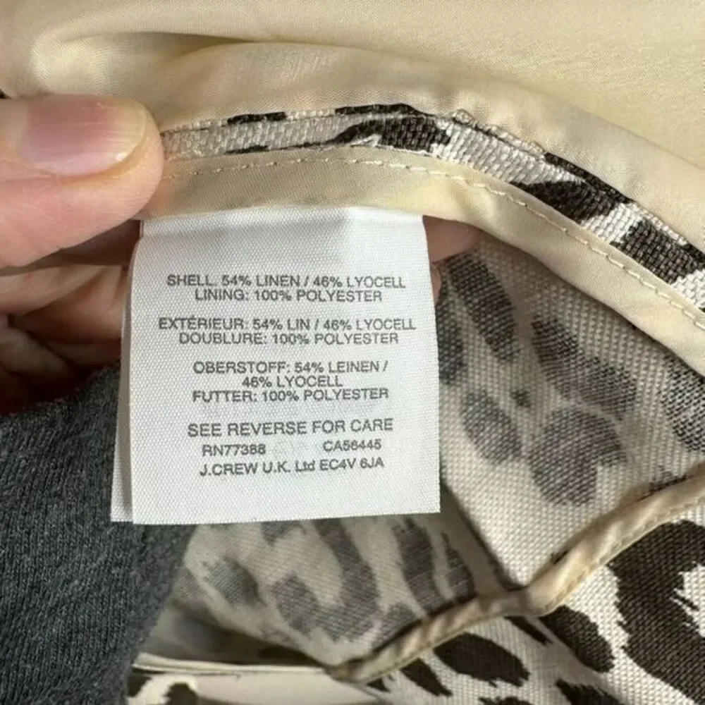 J Crew Women's Size 2 Brown Linen Leopard Print‎ Mid-Length Summer Blazer - Picture 9 of 9